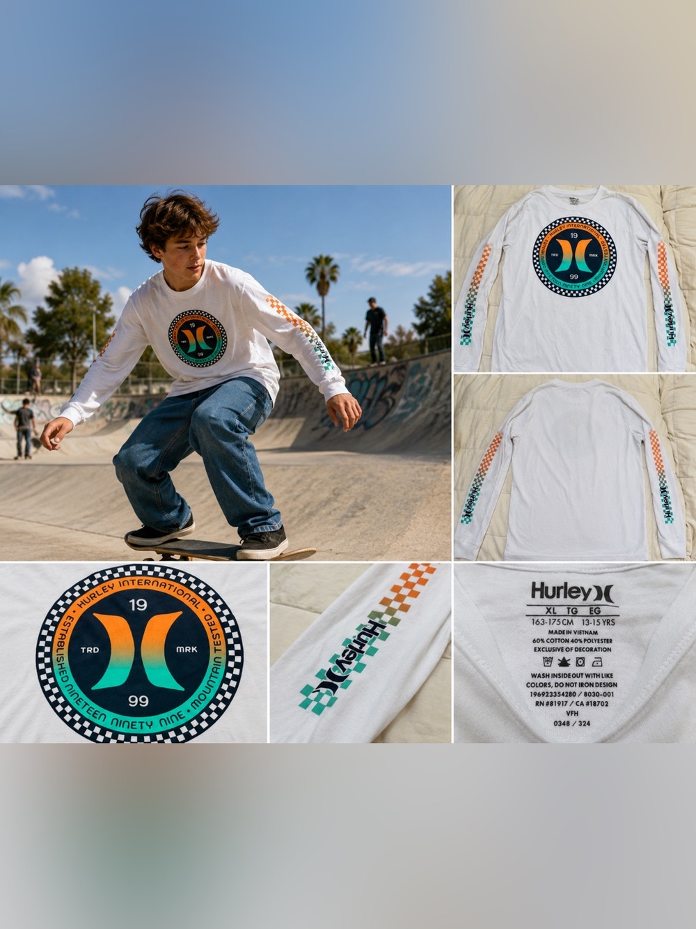 Hurley Youth XL Checkerboard Sleeve Graphic Log Sleeve Tee White Skate Surf